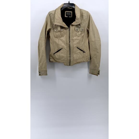 BERSHKA Women's Tan Cow Leather Zip-Up Buckle-Neck Long Sleeve Jacket SZ L - Picture 1 of 11